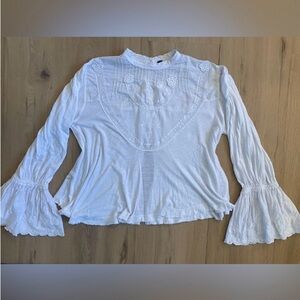 Free People Boho White Embroidered Lace Yoke Bell Sleeve Peasant Top Romantic L